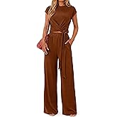 PRETTYGARDEN 2 Piece Lounge Sets For Women 2026 Summer Casual Outfits Cap Sleeve Belted Crop Tops Wide Palazzo Leg Pants
