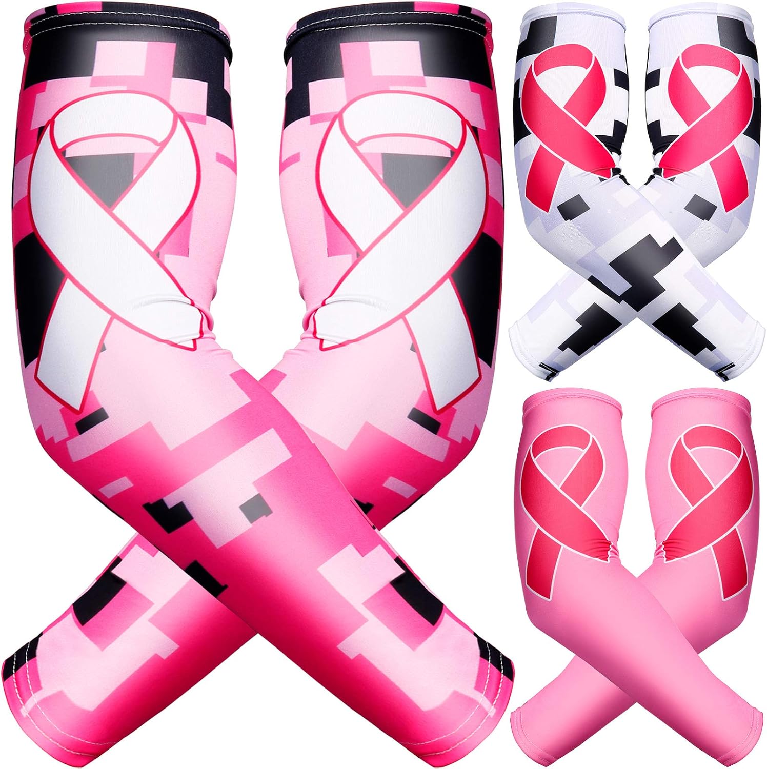 3 Pairs Breast Cancer Awareness Sleeves Pink Ribbon Arm Sleeves Cooling Compression Arm Sleeves UV Protection Arm Cover Sleeve for Women Football Basketball Sports: Clothing