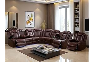 Toseslo Power Reclining Sectional Sofa Set with LED Light,Leather Sectional Couches, Living Room Furniture Sets, Modern Power Recliner Sofa Sets with Cup Holder for Living Room(Brown)