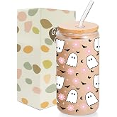 Lamyba Boo Basket Stuffers for Women Adults Teens Girls - 16oz Cute Pink Ghost Bats Halloween Glass Cups with Lid &amp; Straw, Halloween Drinking Bottle