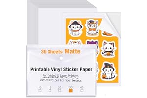 GOTEGA Printable Vinyl Sticker Paper 30 Sheets - Matte White Waterproof Printable Sticker Paper for Inkjet Printer & Laser Printer, Size 8.5"x11" A4 Printer Paper, Quick Dry Vivid Colors Tear Resistant
