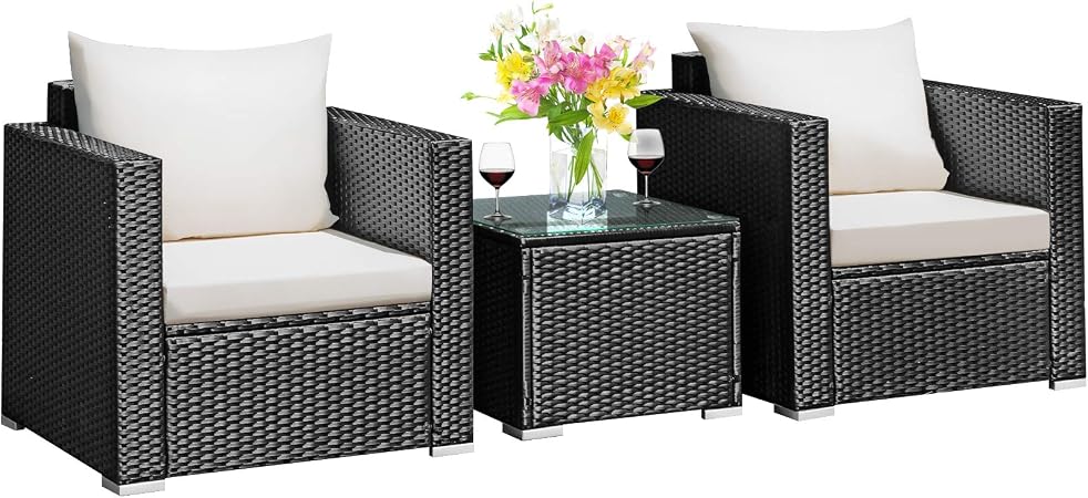 Amazon Com Tangkula 3 Pieces Patio Furniture Set Pe Rattan Wicker Sofa Set W Washable Cushion And Tempered Glass Tabletop Outdoor Conversation Furniture For Garden Poolside Balcony Black Garden Outdoor