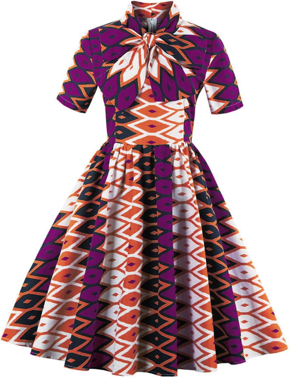 Foshow Womens African Print Vintage Dress Plus Size Holiday Dashiki Midi Dresses