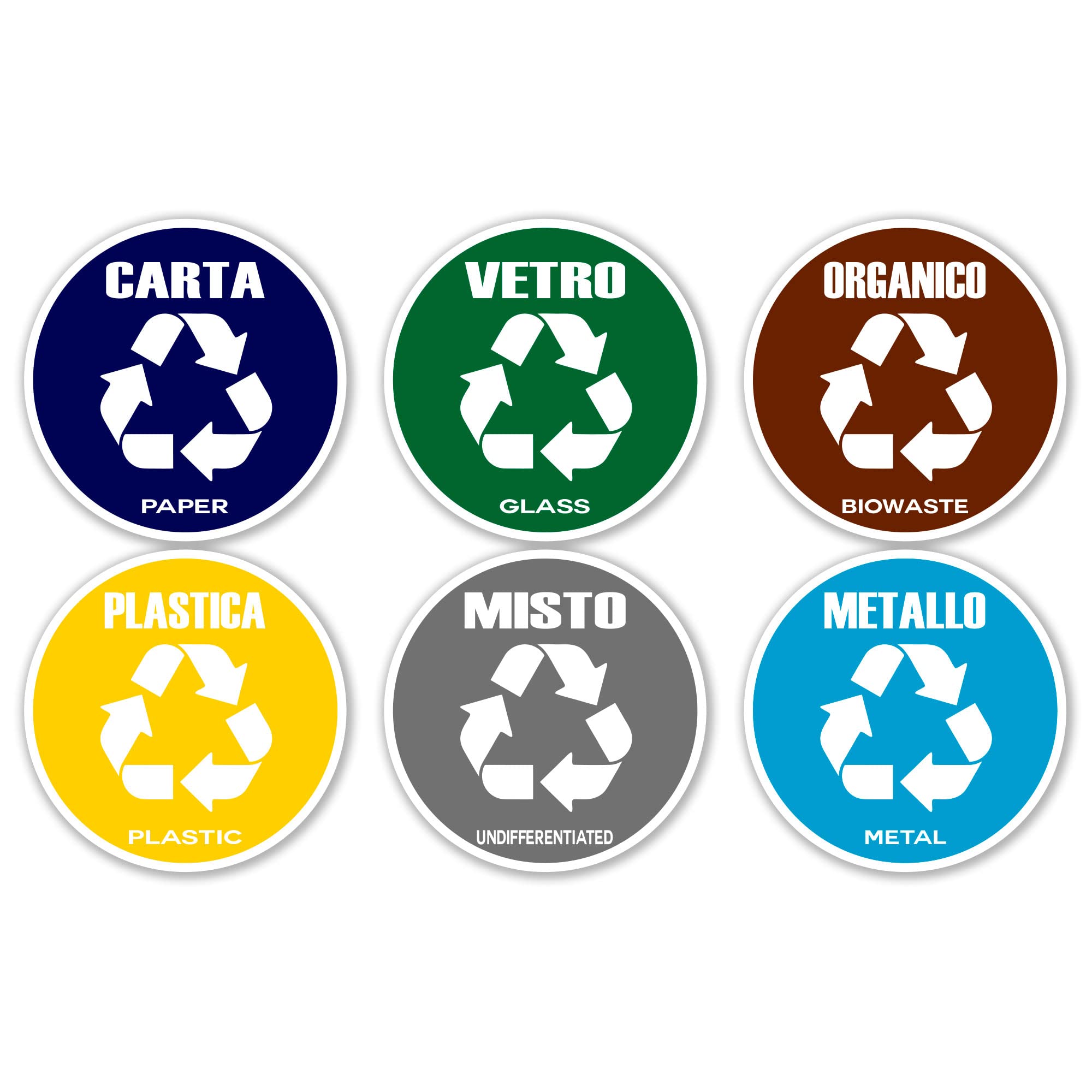 GamesMonkey® - Recycling Stickers for Recycling Garbage V4 – Washable Waterproof Illustrated – Italian English – Compliant with UNI 11686 Standard (11.5 x 11.5, 6 Pieces)