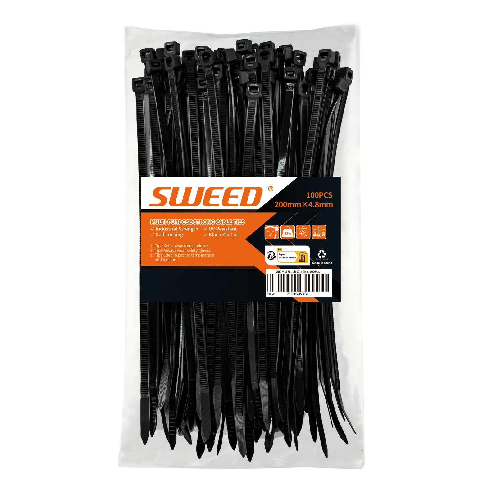 Sweed 100pcs Black Cable Ties, UV Resistant with 200mm Heavy Duty Zip Ties, 22kg Tensile Strength, Industrial 4.8mm Wide Black Zip Ties for Domestic, Garage, Garden (ZD-8-100)