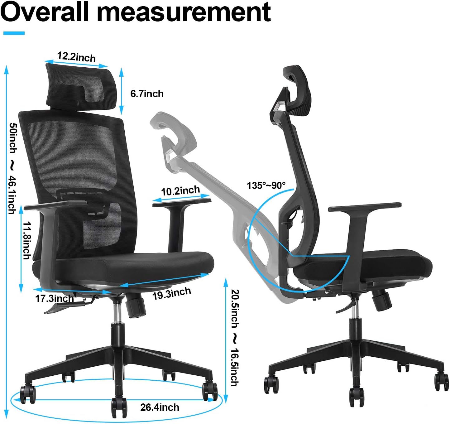 Ergonomic Office Chair,Home Comfort Chairs,High Back Adjustable Home Desk Chair with Lumbar Support,High Back with Breathable Mesh,Thick Seat Cushion,Adjustable Head & Lumbar Support: Kitchen & Dining