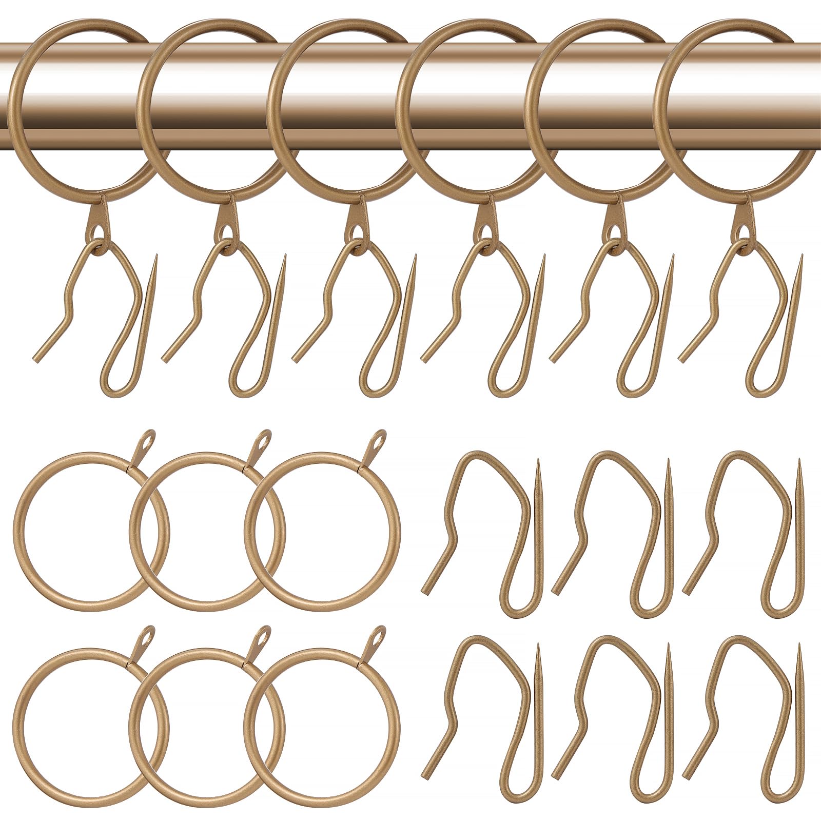 Photo 1 of 30 Pieces Metal Drapery Curtain Rings Curtain Hanging Rings 1.65 inch Internal Diameter and 30 Pieces Metal Curtain Drapery Pin Hooks for Window Door Shower Curtain (Champagne Gold