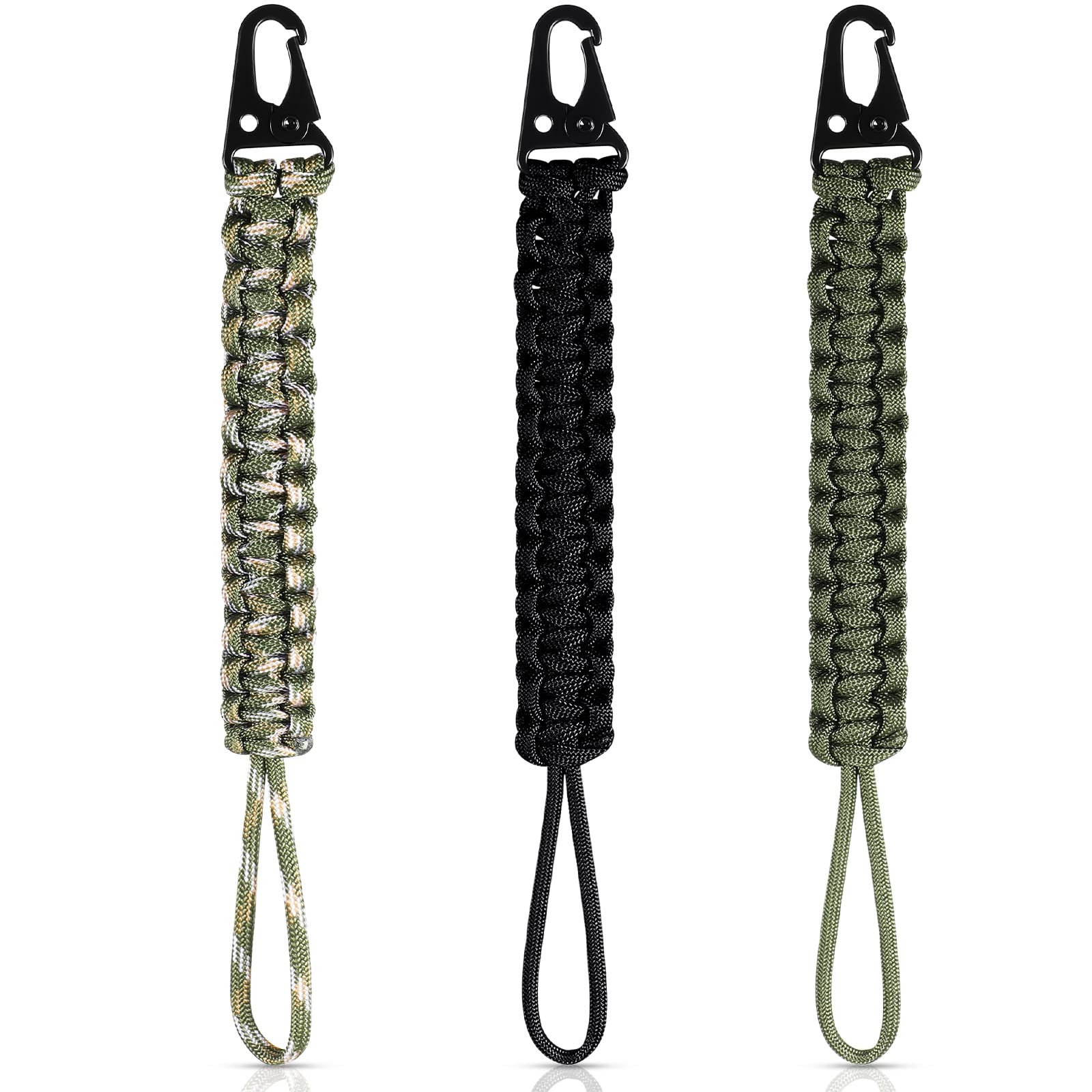 Photo 1 of Shappy 3 Pcs Paracord Keychain Weave 550 Paracord 9 Inch Tactical Lanyard Wallet Accessories Camping Fishing Hunting Outdoor (Black, Green, Camouflage Green)