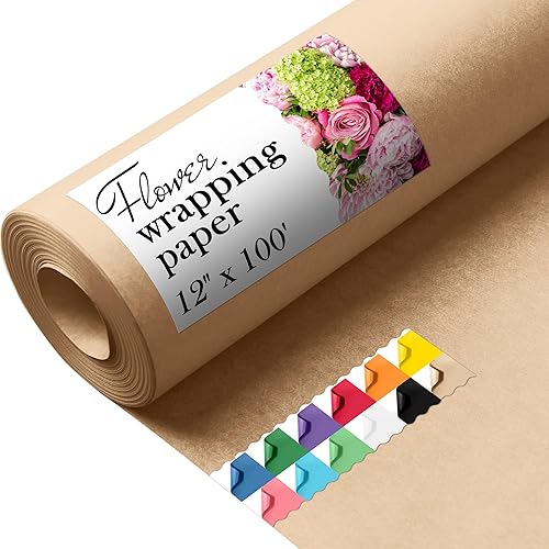 Paclord Flower Wrapping Kraft Paper, 12" x 1200" (100 ft), 45 lbs Thickness – Brown Paper Roll for Bouquet Wrapping, Floristic Shops, and Flower Decorations