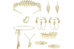 Bolinteri 11Pcs Greek Goddess Costume Accessories Set for Women Celestial Jewelry Moon Stars Halo Crown Golden Laurel Leaf Crown Headband Leaf Armband Pearl Leaf Dangle Earring CZ Necklace Ring Waist Belt Wedding Toga Cosplay Party Jewelry
