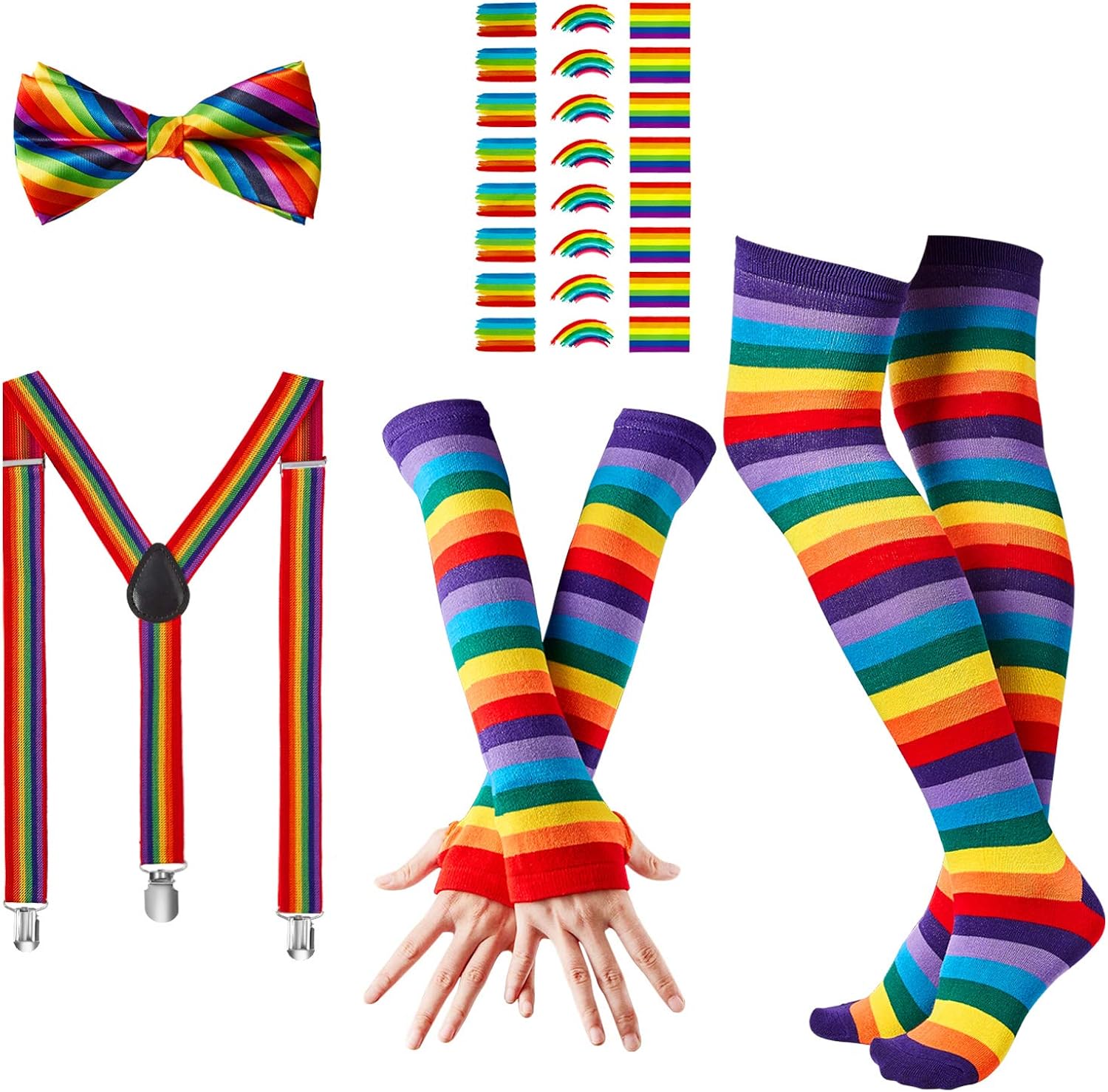 Rainbow Accessories Set Rainbow Stripe Knee Socks Long Gloves Suspender Bowtie and Temporary Tattoo