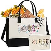 VeloKomo Nurse Canvas Tote Bag - Large Tote Bag Gift 2 Pack Appreciation Gifts for Graduation Beach Retirement Nurse Friend Sister Hand Zipper Canva Bag with Makeup Bag Set