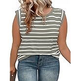 Beautife Womens Plus Size Cap Sleeve Tank Tops Casual Summer Striped T Shirts Crew Neck Loose Fit Tees