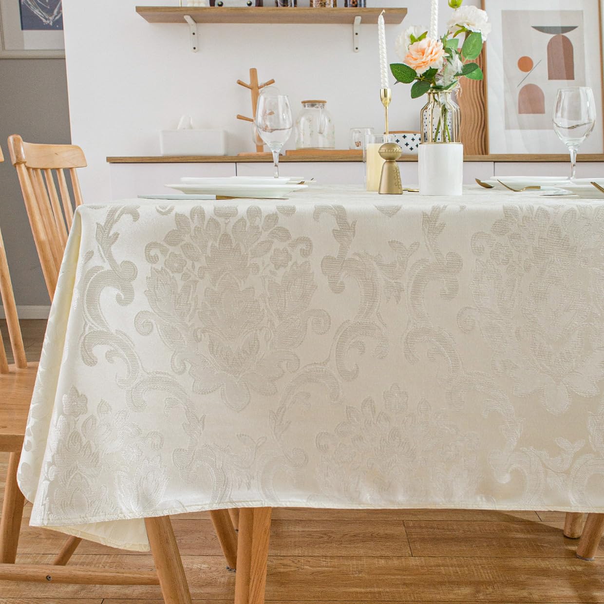 SPRICA Jacquard Tablecloth Rectangle 178x132cm Classic Flower Pattern Thick Heavy Weight Soft Table Cover, Machine Washable, Beige