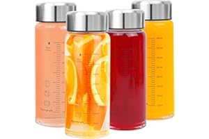 MYMANJERFU Glass Juice Bottles 4 Pack 16 oz - Wide Mouth Glass Water Bottles with Lids - for Juicing, Smoothies, Milk, Protein, BPA Free, Reusable, Stainless Steel Lids, Leak Proof, Shaker bottle (16oz/500ml)