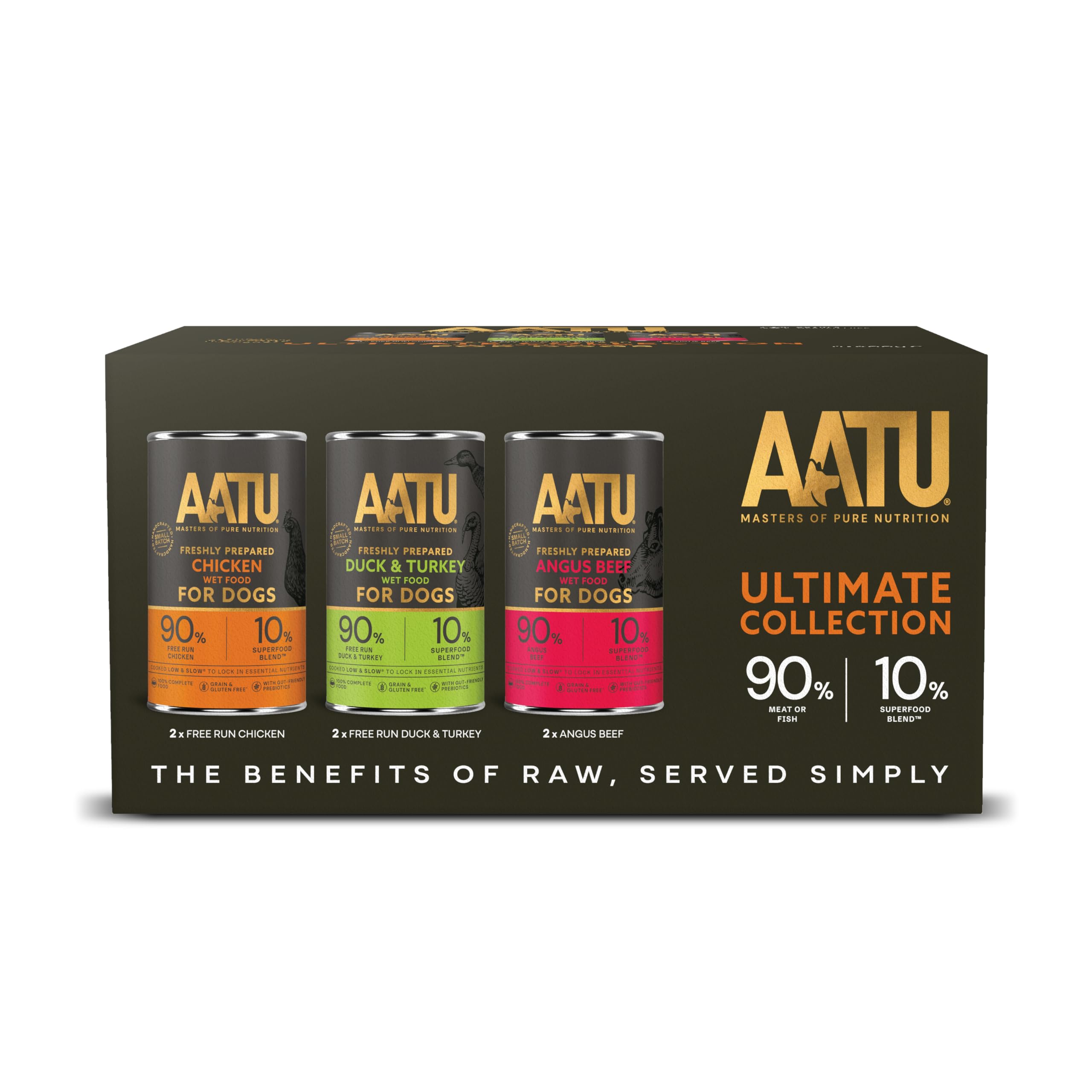 AATU Adult Dog Food Wet Tins - Variety Pack (6x400g) - Grain Free Recipe with No Artificial Ingredients - Good for Low Maintenance Feeding. (Packaging may vary).