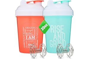 GOMOYO [2 Pack] 20-Ounce Shaker Bottle with Motivational Quotes (Coral & Mint) | Protein Shaker Bottle with Mixer Agitators | Blender Shaker Bottle for Protein Mixes Pack is BPA Free and Dishwasher Safe