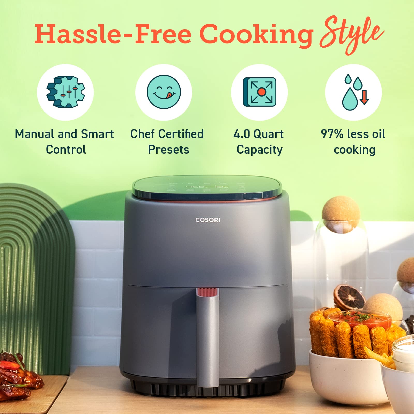 COSORI Air Fryer 4 cuartos, 7 funciones de cocción Airfryer, más de 150 recetas en la aplicación gratuita, 97% menos grasa Freidora de Aire, apta para lavavajillas, diseñada para 1-3 personas, Lite 4.0 cuartos, inteligente, gris trufa