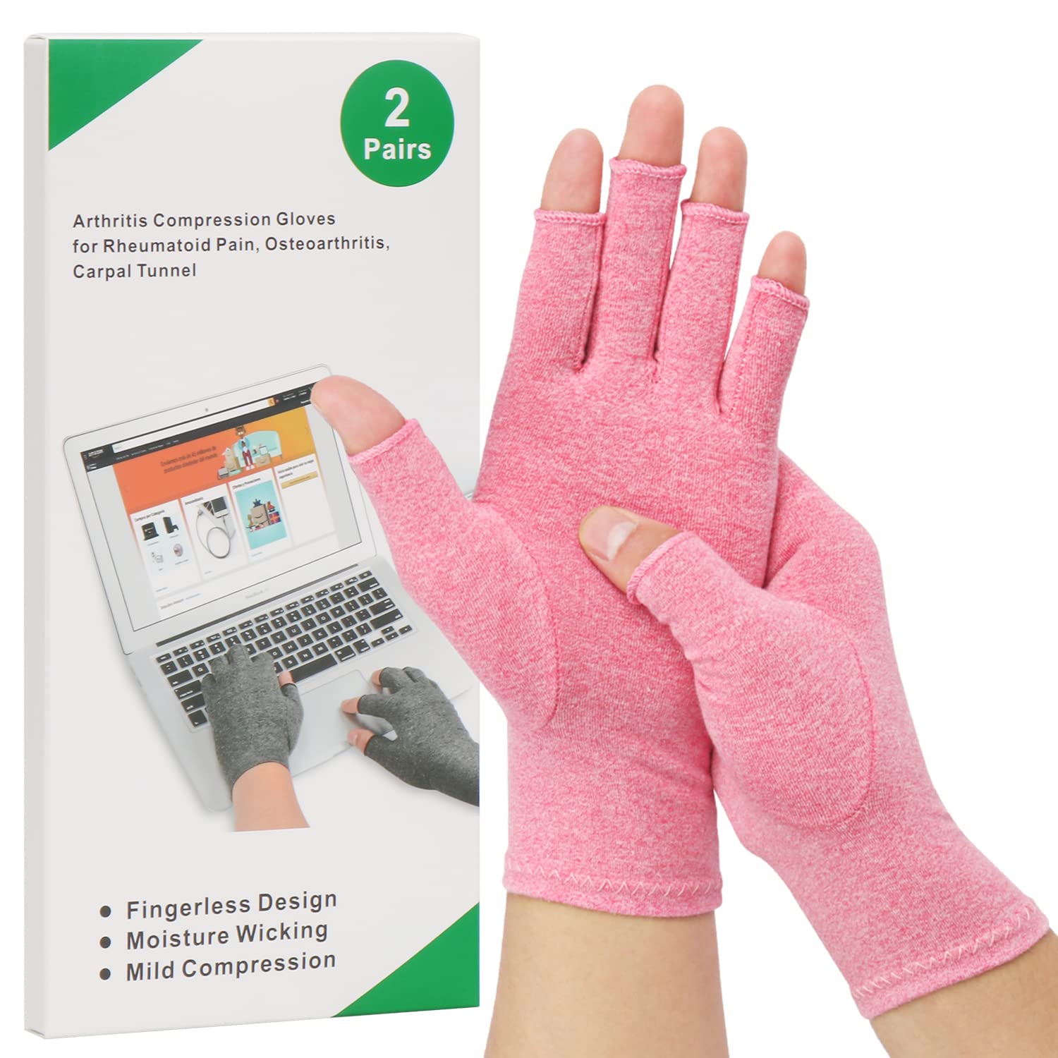 2-Pair Arthritis Compression Gloves for Alleviate Rheumatoid Osteoarthritis, Carpal Tunnel Raynauds Disease, Ease Muscle Tensi on Fingerless, Breathable & Moisture, Women and Men (Pink, Small)