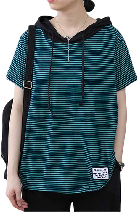 Amazon Hokibe Tシャツ トレーナー パーカー トップス レディース 半袖 夏 サマー フード付き ストライプ ゆったり 薄手 シンプル かわいい スポーツ おしゃれ フリーサイズ トレーナー パーカー 通販