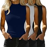 Riyiper 3 Pack Women's Sleeveless Mock Turtlenecks Shirts Lettuce Trim Ribbed Knit Slim Summer Casual Tank Tops Basic Tees