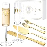 iooiluxry Wedding Cake Knife and Server Set, Mr and Mrs Champagne Flutes Glasses for Bride and Groom, Cake Cutting Set for Bridal Shower Gifts