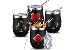 RimCereal 4 Pcs Casino Party Cups Pokers Glasses Stainless Steel Wine Tumblers with Lid and Straw 12 oz Casino Theme Party Decorations Poker Gifts Favors Set for Halloween Birthday Night(Poker)