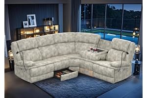 FURNIMAT Home Theater Seating Reclining Sectional Sofa, Reclining Couch with 4 USB, 2 Flip-Up Middle Backrest & Drawers, Wall Hugger RV Recliners, 145° Adjustable Recline & Cup Holders for RV & Movie Room