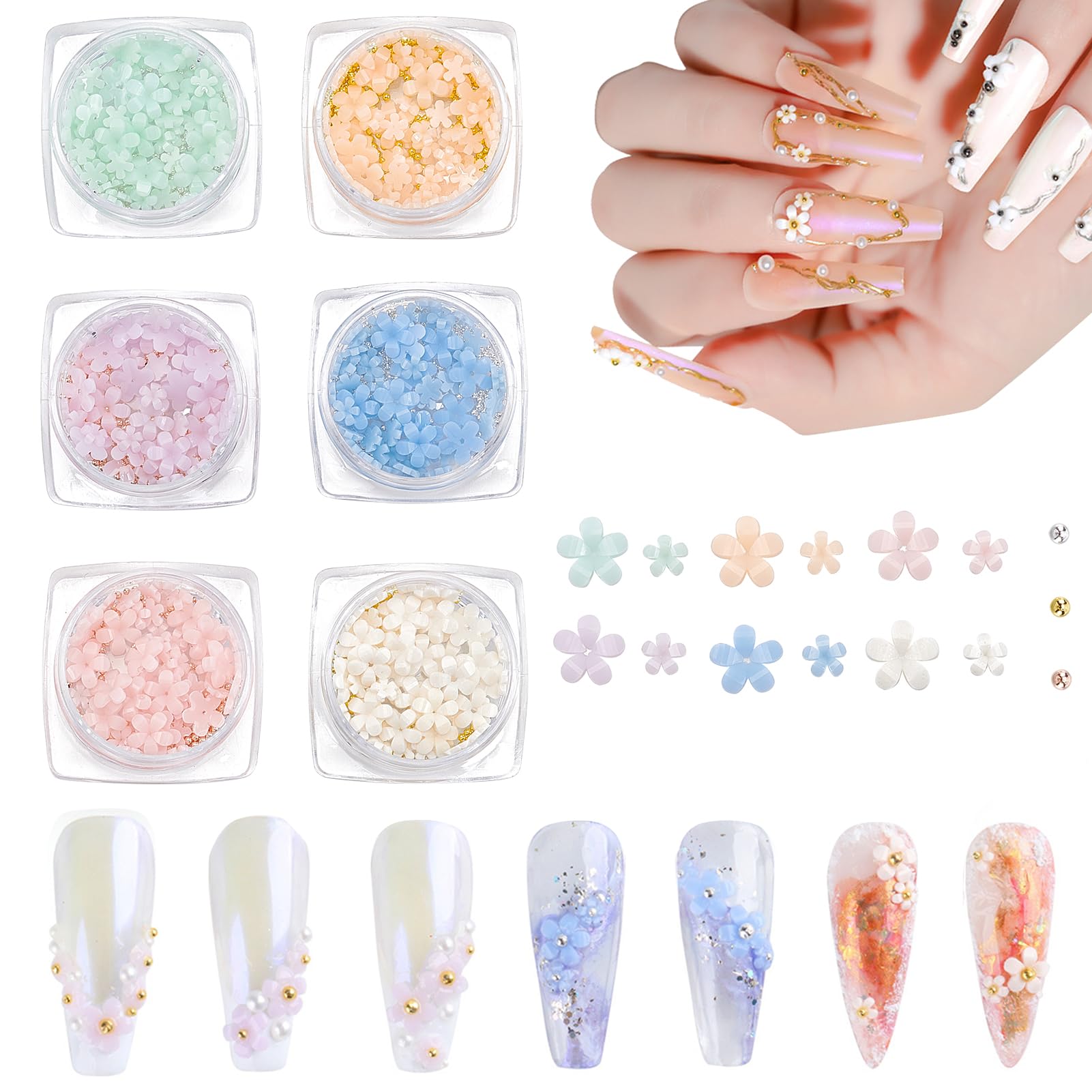 NICENEEDED 3D Colorful Flower Nail Charms, Acrylic Nail Charms with Golden Round Beads, Nail Art Charm Spring Gems Acrylic Nail Supplies for Nail Art DIY Accessories