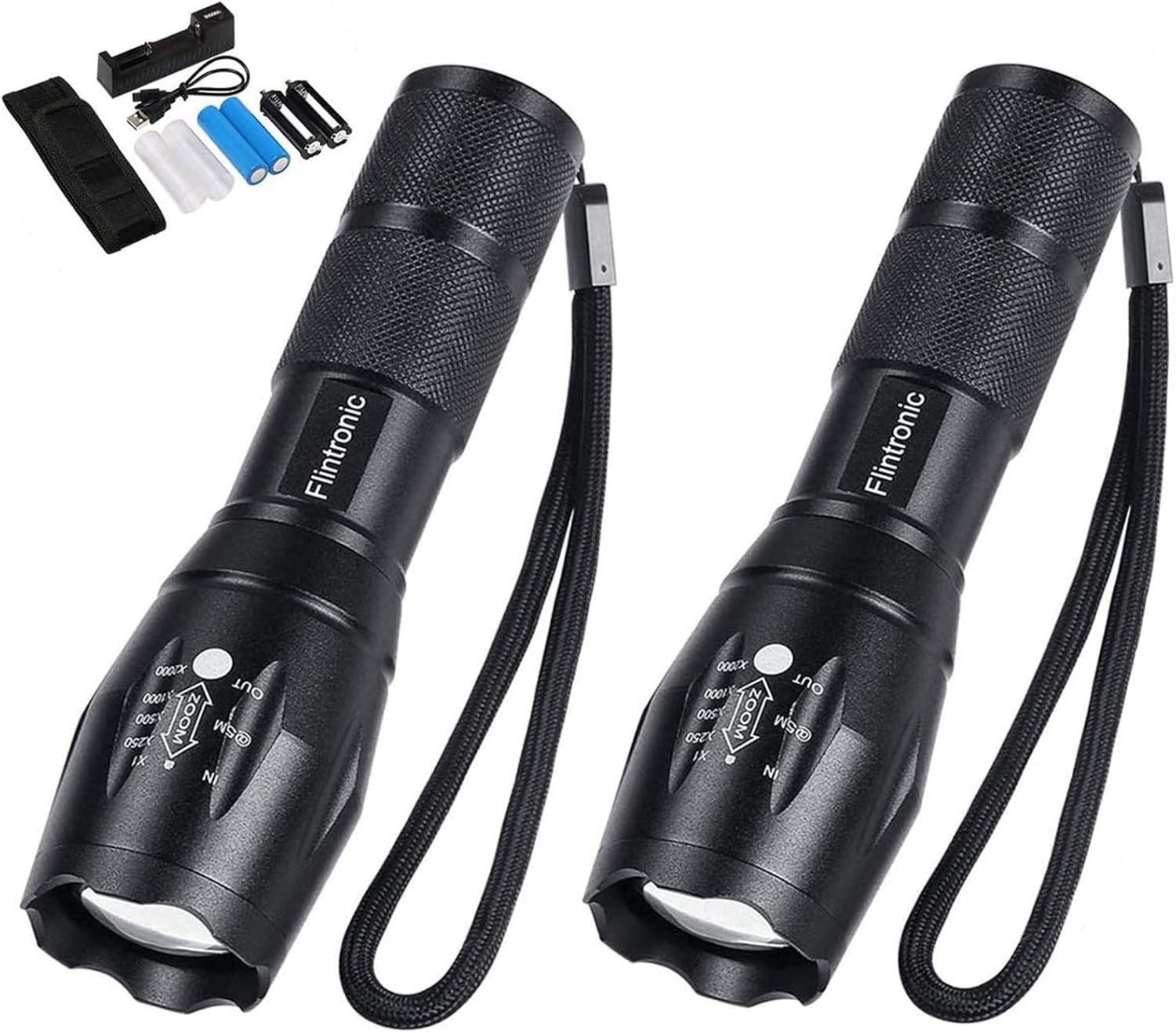 flintronic 2PCS LED Torch Rechargeable, Super Bright 1500Lumens Flashlight with 2 Batteries, USB Torches, 5 Light Modes