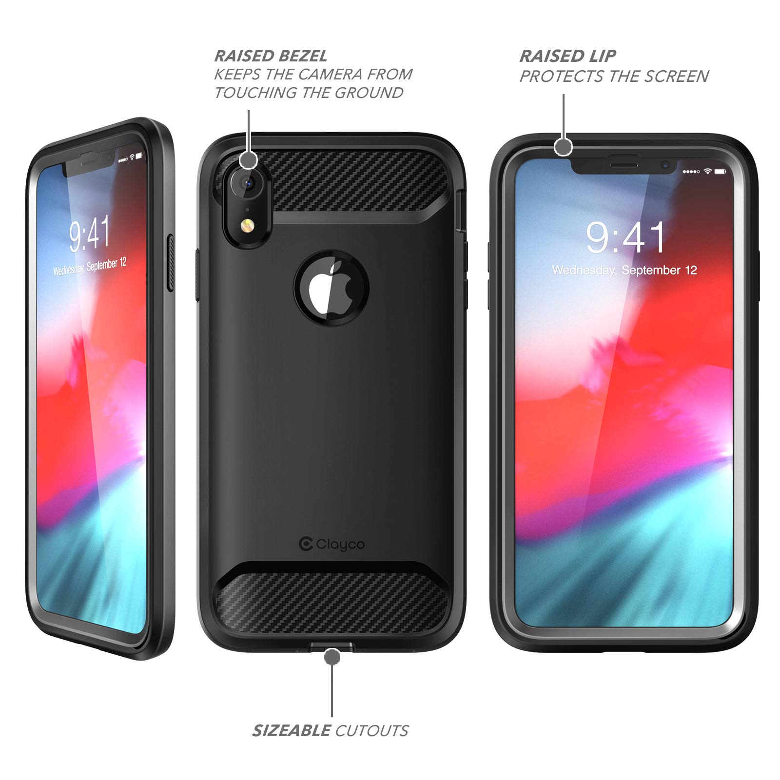 iPhone XR Case, Clayco [Xenon] Full-Body Rugged Case with Built-in Screen Protector for Apple iPhone XR 6.1 Inch 2018 (Black)