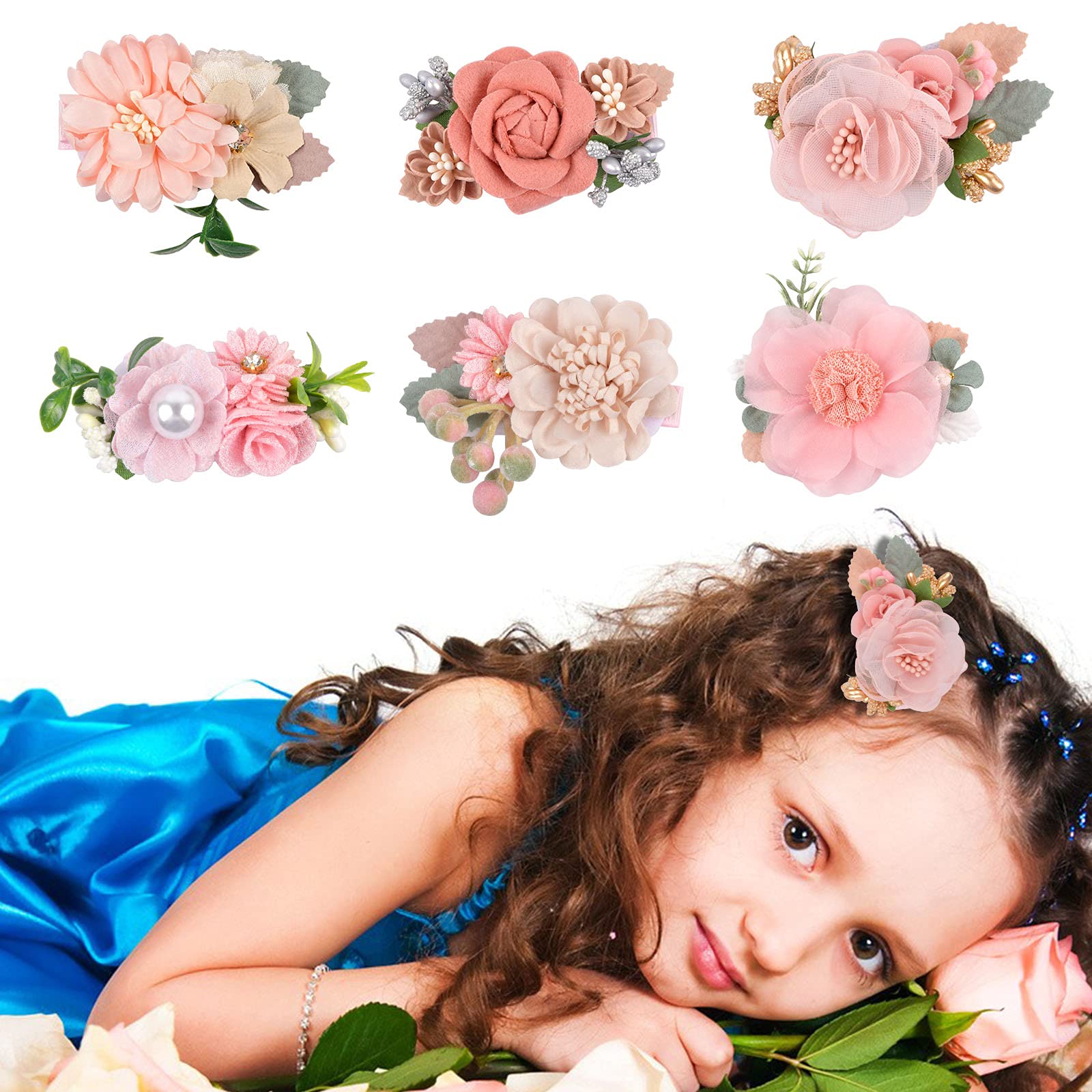 Jinlaili 6 x Girl's Hair Clips Set, Flower Shaped Hair Clips, Hair Pins, Metal Hair Clips, Hair Clips, Flower Clip for Little Girl Baby Child