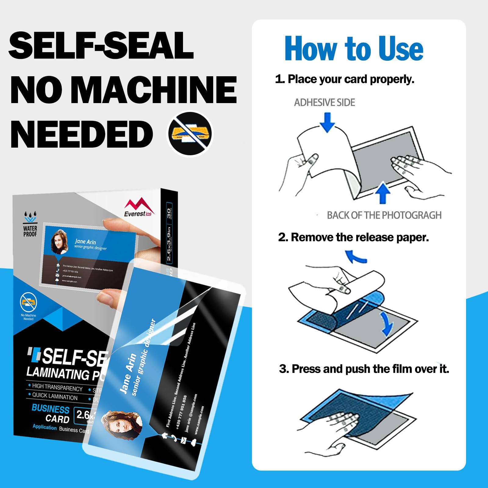 Everest Self Seal Laminating Pouches, Self Sealing for 2.6x3.9 Inch, Business Cards Size, Waterproof, 10 Mil Thick, Gloss Finish, No Machine Needed, 30 Pack