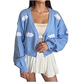 SHENHE Women's Button Down Sweater Cloud Printed V Neck Long Sleeve Crop Knit Cardigan Top