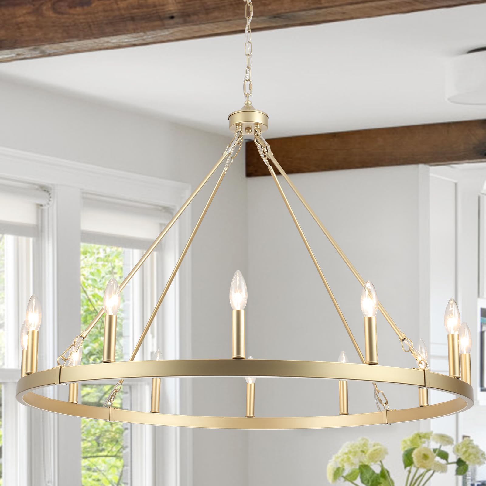 Photo 1 of 12-Light Wagon Wheel Chandelier, 38" Gold Farmhouse Dining Room Light Fixture, Metal Large Round Industrial Candle Chandeliers for High Ceilings Foyer Entryway Hallway Staircase Living Room Porch