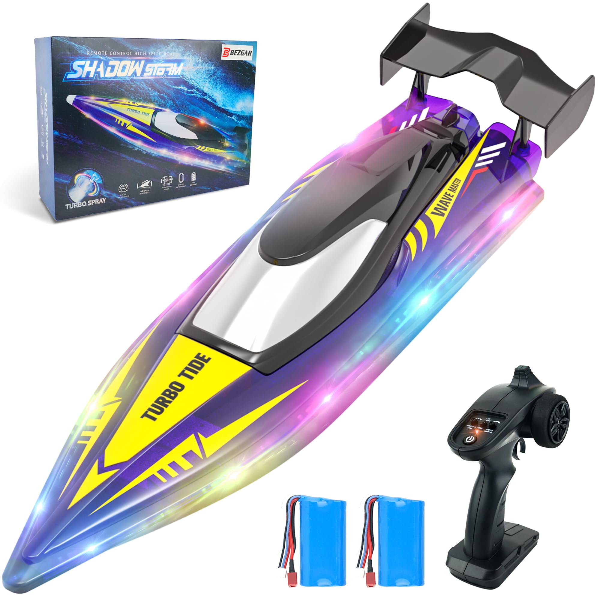 Photo 1 of BEZGAR Remote Control Boat - 32+ KPH Fast RC Jet Boat with 9 Light Modes for Pools, Lakes & Saltwater, 17" Large RC Boats for Adults, Teens, Kids, Summer Toys Birthday Gifts for Boys Aged 6 7 8-12