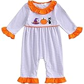 baorji Newborn Baby Girl Halloween Outfit Pumpkin Ghost Long Sleeve Romper Striped Ruffle Onesie Overalls Infant Fall Clothes