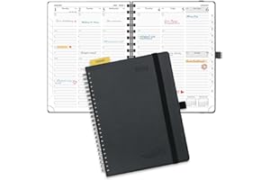POPRUN 2024 Weekly Planner Spiral Bound - Hourly Schedule & Vertical Weekly Layout - 2024 Planner for Time Management,6.5" x 8.5"- Monthly Tabs, Pen Holder, Leather Soft Cover - Black