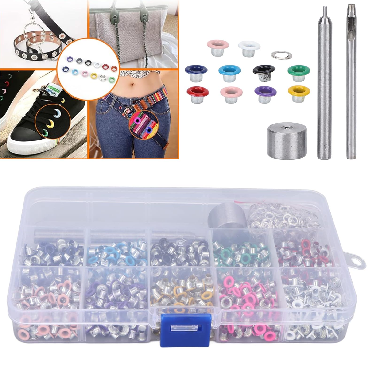 Fyearfly 1000pcs 3mm Multicolor Grommet Kit, Metal Eyelets Sets with Installation Tools Suitable for Shoes Clothes Bags Canvas Leather DIY Project Craft