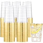 I00000 100PCS Gold Plastic Cups,10 oz Clear Plastic Cups with Gold Trim, Beer Mugs,Disposable Hard Cup For Party, Premium Cup Perfect for Wedding & Party