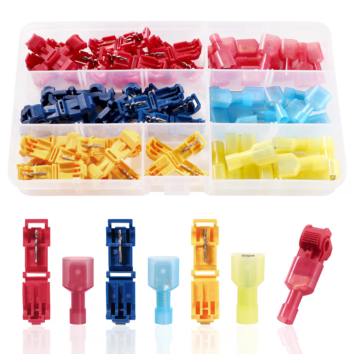YIXISI 60 PCS (30 Pairs) T-Tap Electrical Wire Connectors, Assortment Kit of Quick Splice Self-Stripping Wire Terminals with Nylon Fully Insulated Male Spade Quick Disconnect, Red, Blue, Yellow