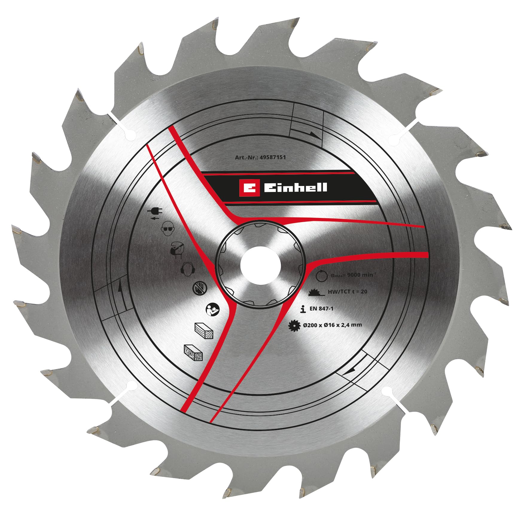Einhell Circular Saw Blade 200x16 (Carbide Tipped Power Saw Accessory, ؠ200mm, 16mm Bore, 20 Teeth, 2.4mm Cutting Width) - For Table Saws