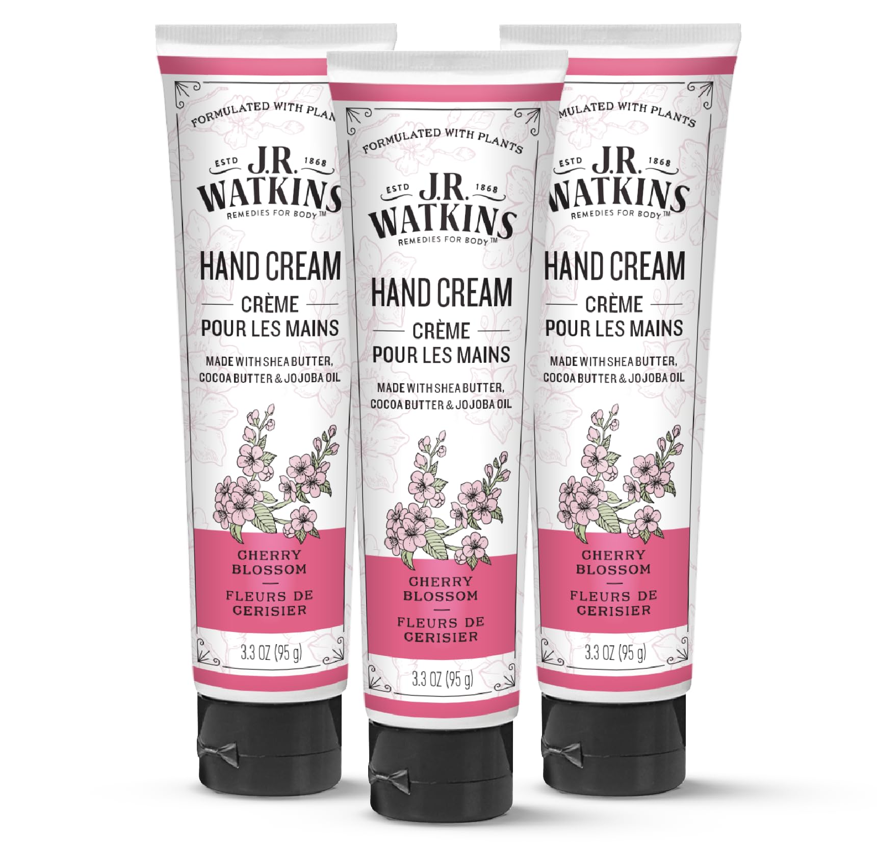 J.R. Watkins Natural Moisturizing Hand Cream, Hydrating Hand Moisturizer with Shea Butter, Cocoa Butter, and Avocado Oil, Cruelty Free, 3.3oz, Cherry Blossom, 3 Pack