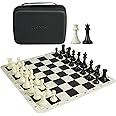 ELONGDI Tournament Chess Set with 20" Silicone Chess Board Mat - 4" King Plastic Weighted Staunton Pieces 2 Extra Queens - Portable EVA Carrying Case for Travel