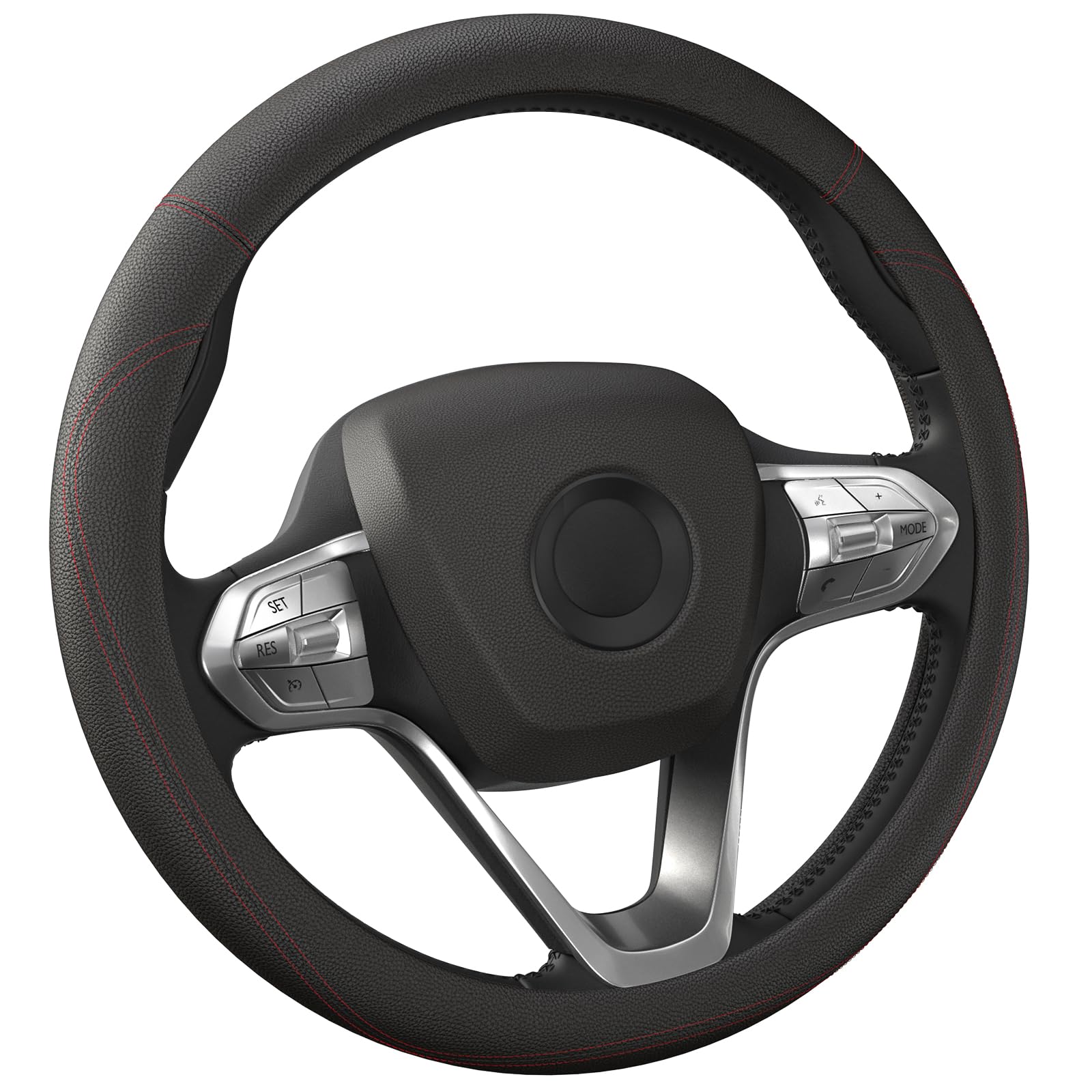 Photo 1 of HOTOR Car Steering Wheel Cover - Universal Car Accessory for Diverse Cars, Durable Leather Cover with Anti-Slip Lining, for Steering Wheel with a Diameter of 14.5"-15", Black with Red line