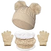 Sdfvsdg Kids Winter Hat Scarf Gloves Set Children Warm Knit Fleece Lined Pompom Hat Thick Beanie Hats Gloves for Girls Boys
