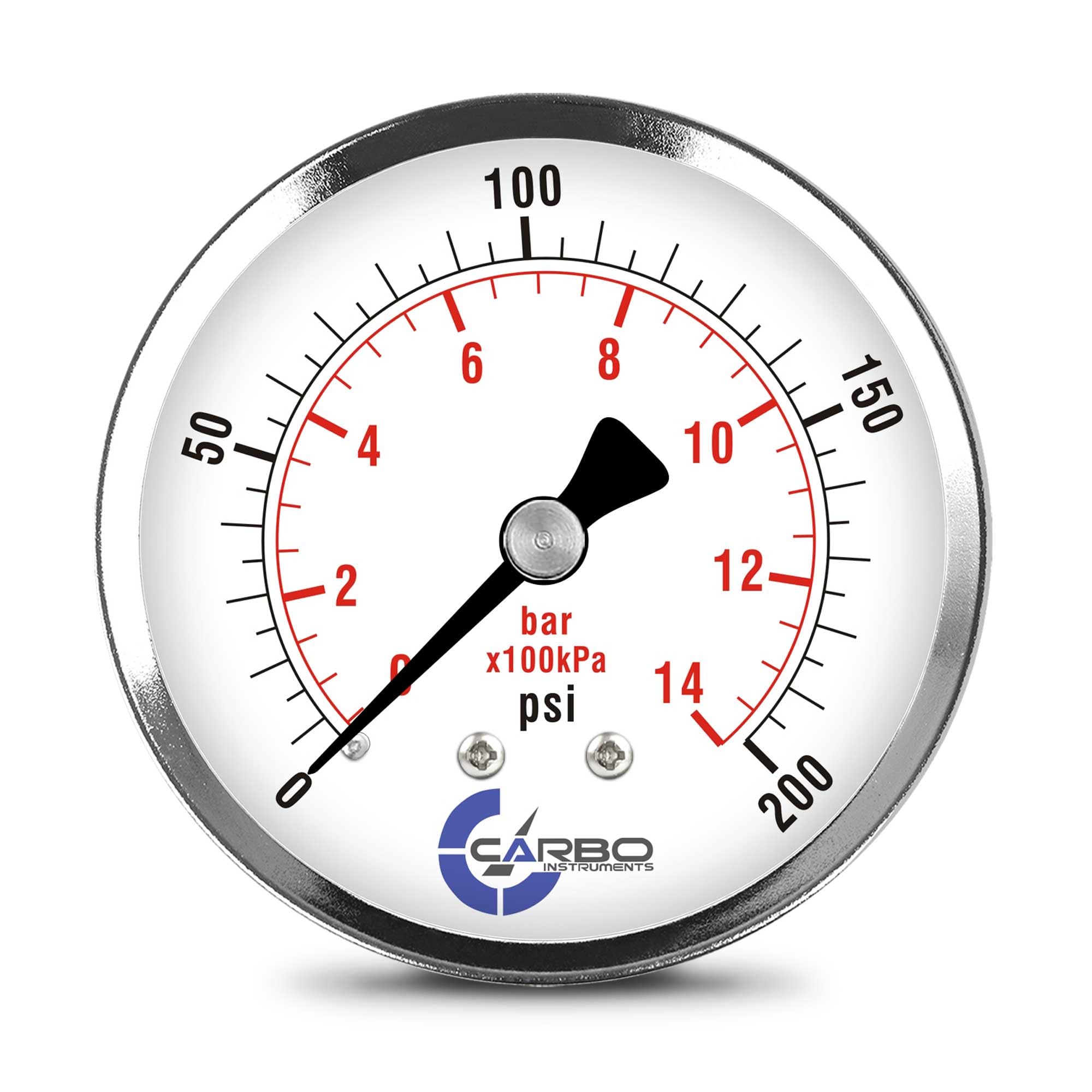 CARBO Instruments 2-1/2" Pressure Gauge, Chrome Plated Steel Case, Dry, 0-200 psi/kPa, Back Mount 1/4" NPT