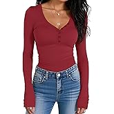Prettywear Women Long Sleeve Henley Shirts V Neck Button Tight Slim Fitted Top Going Out Tees 2025 Trendy Spring Fall