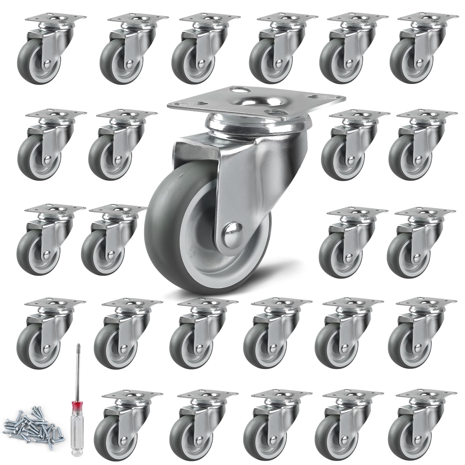 LALAGO Pack of 24 Swivel Castors, 50 mm Furniture Castors, Furniture Roller with Swivel Plate, 360° Wheels for Furniture, Castors, Small for Pallet Furniture, Lockers, Free Screwdriver and Screws