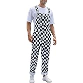 Odefou Checkered Pants Mens Overalls Bib Coveralls Cute Stretch Jeans Jumpsuit